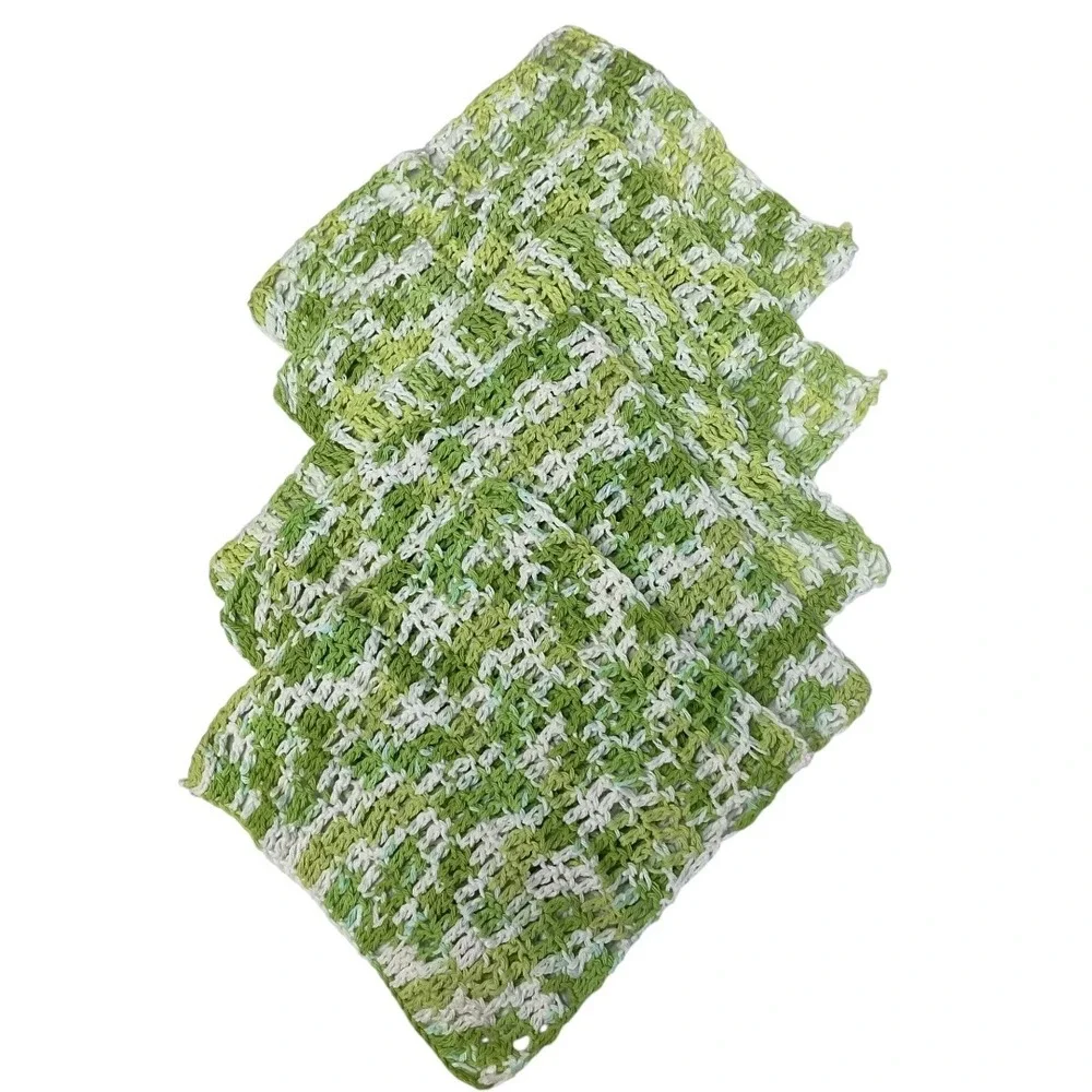 Set of Five Crocheted Homemade Dishcloths Lime Green Cushioning, Old Fashioned‎